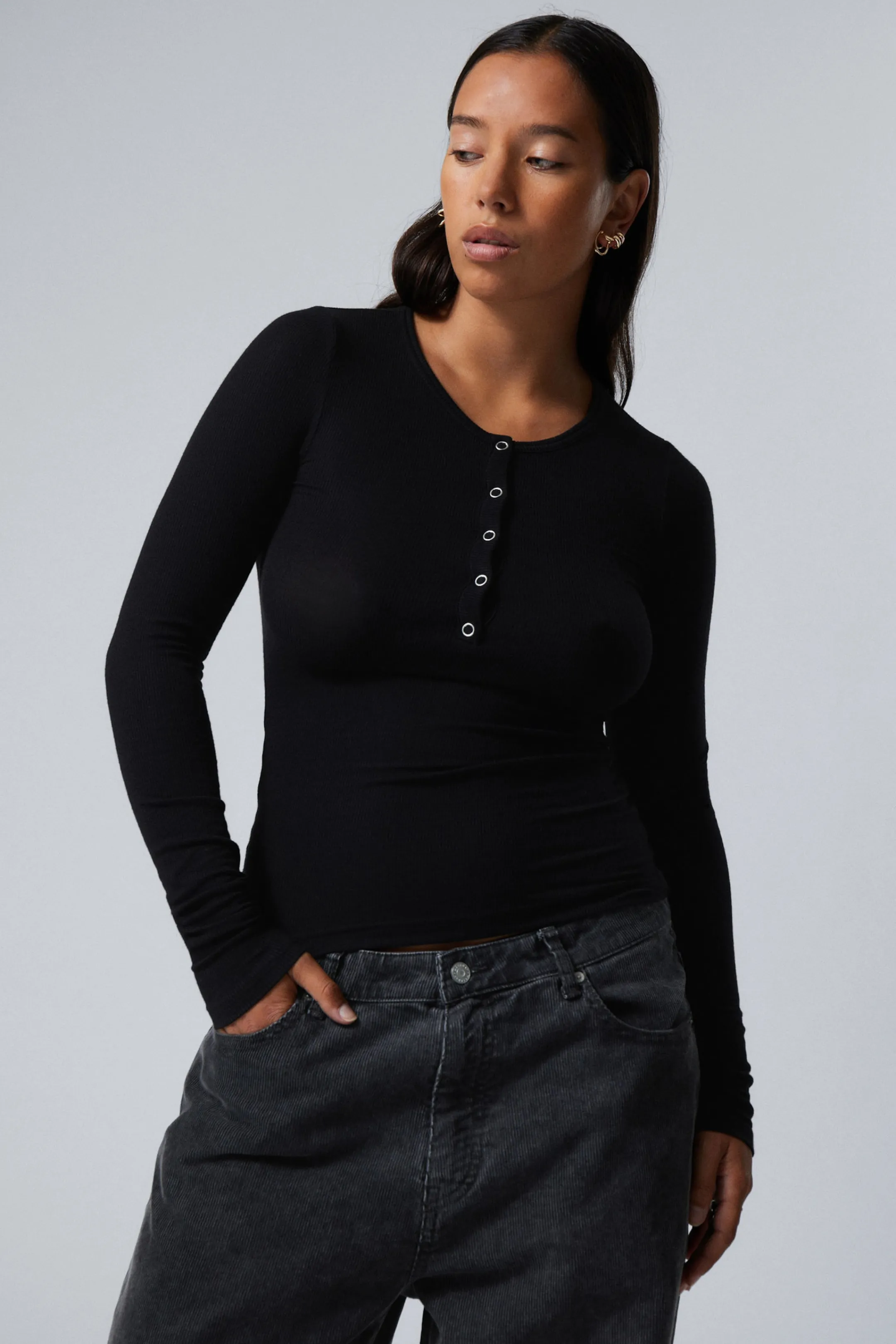 Weekday SHEER RIB LONG SLEEVE HENLEY TOP>Women Basics | Tops